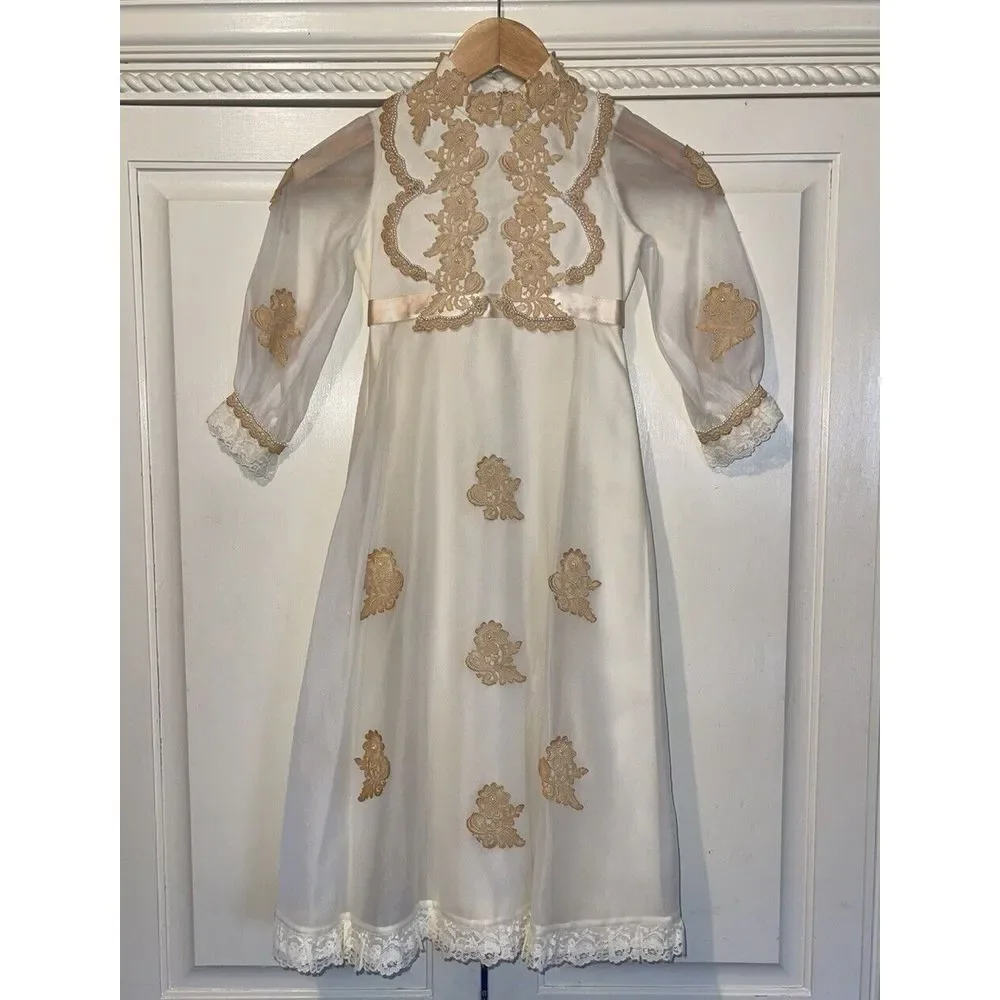 Handmade Vintage Dress Girls‎ 10 Yellowing Cottage Core Lace Wedding Pearls